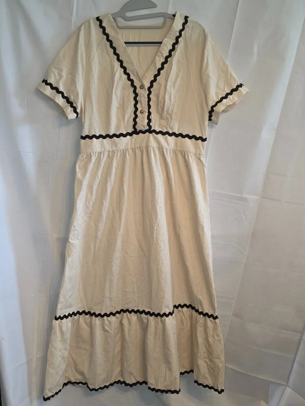 Midi Dress Wavy Ribbon Trim V Neck Defined Waist Cottage Country XL